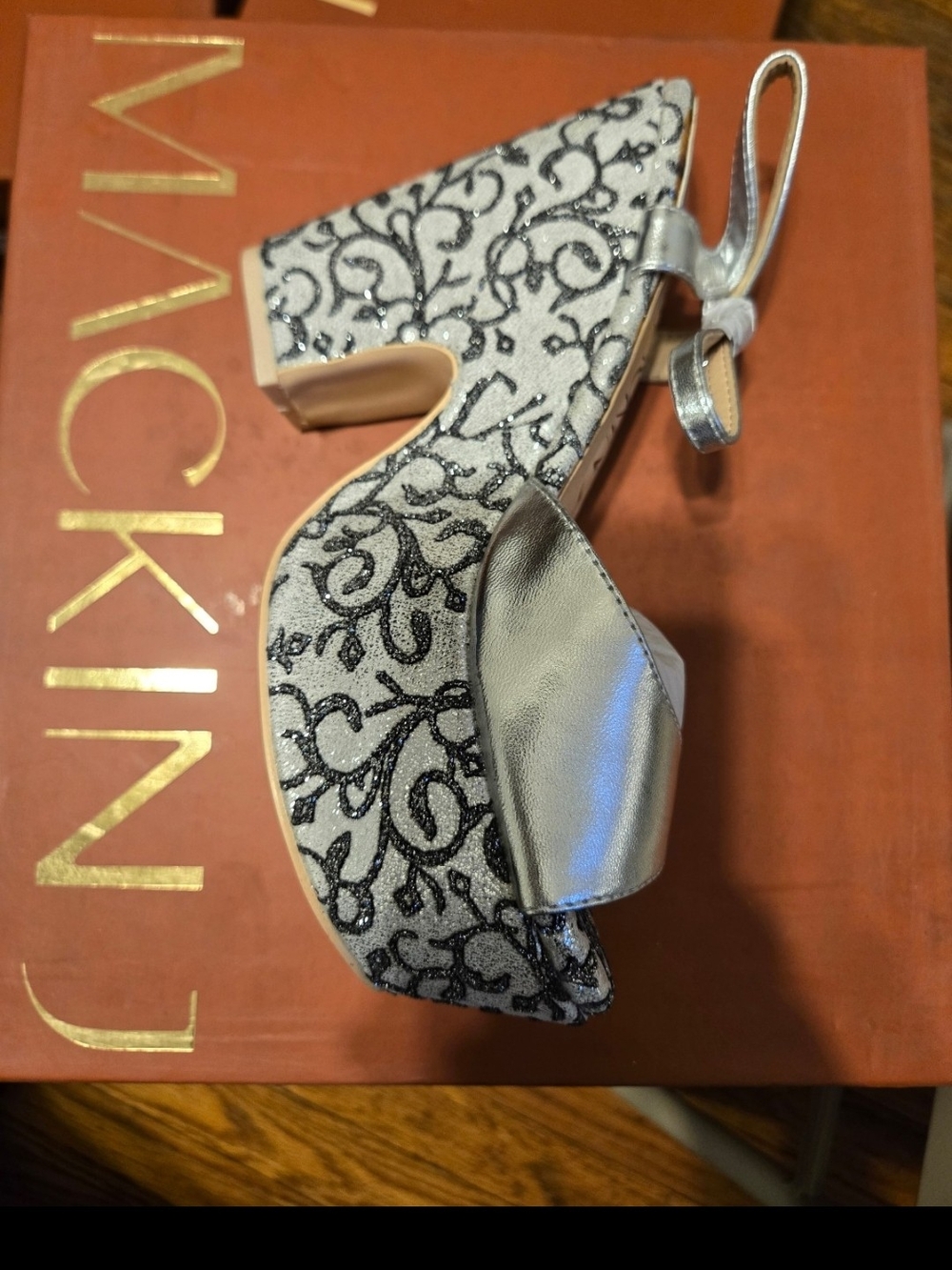 Metallic Silver Platform Sandal with Black Glitter Vine Pattern - Women's Shoes